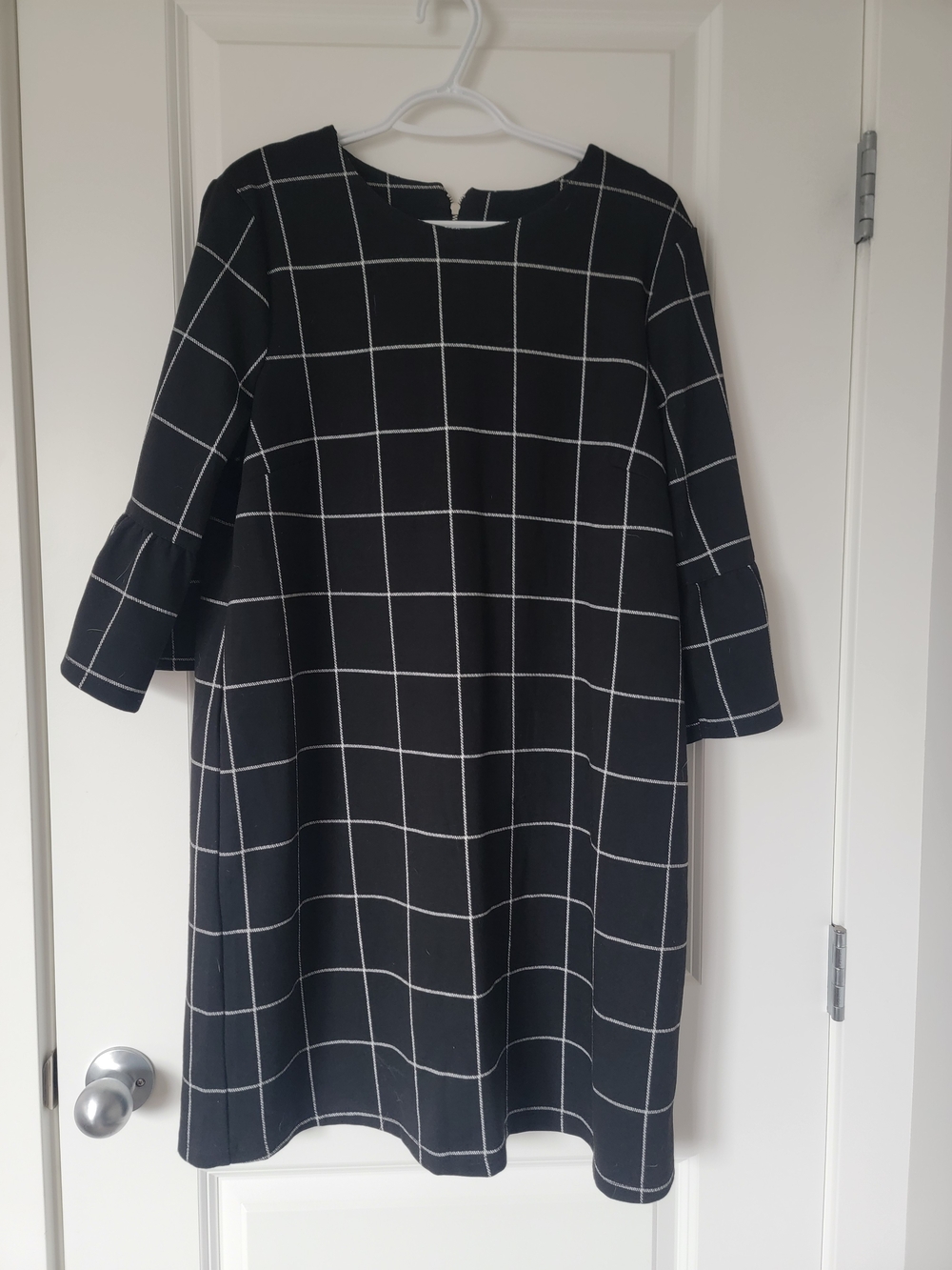 Black Windowpane Shift Dress with Bell Sleeves